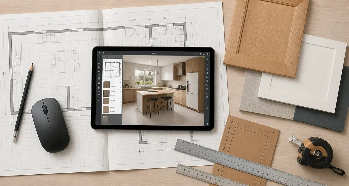 Conception cuisine logiciel 3D sur tablette, plan et échantillons de façades