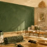 Decoration en peinture murale : mur d’accent vert profond, rouleau et pot de peinture, intérieur lumineux