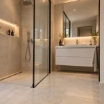 Douche pour petit espace, receveur affleurant 80x80, paroi vitrée noire