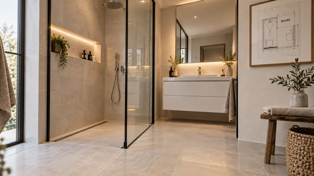 Douche pour petit espace, receveur affleurant 80x80, paroi vitrée noire