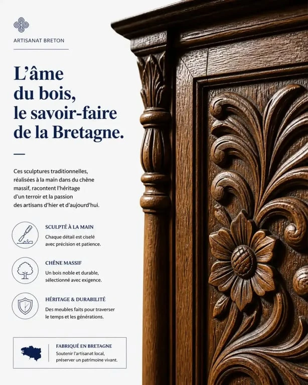 Détail des sculptures sur bois d'un meuble breton ancien
