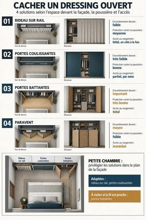 Comment cacher un dressing : comparaison visuelle entre rideau, portes coulissantes, portes battantes et paravent