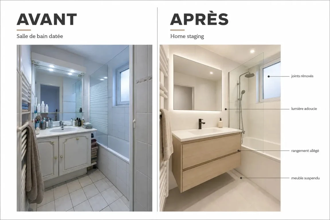Home staging salle de bain avant/après avec salle de bain modernisée et version datée