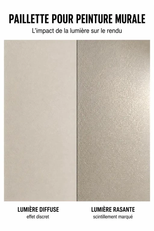 Comparaison de paillette pour peinture murale avec rendu discret et scintillement marqué