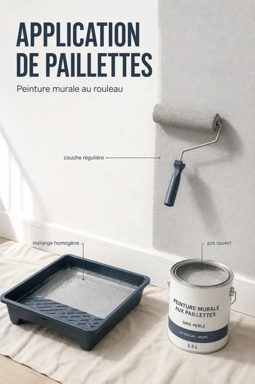 Application de paillette pour peinture murale au rouleau sur un mur intérieur