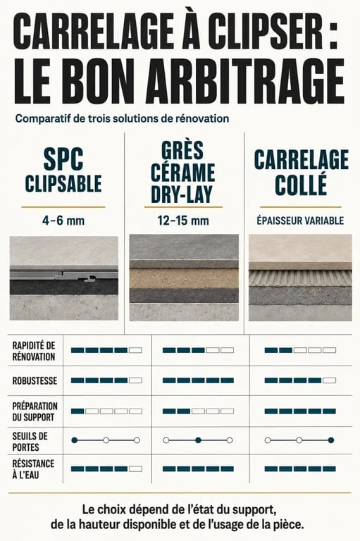 Infographie comparative du carrelage à clipser, du SPC, du grès cérame Dry-Lay et du carrelage collé