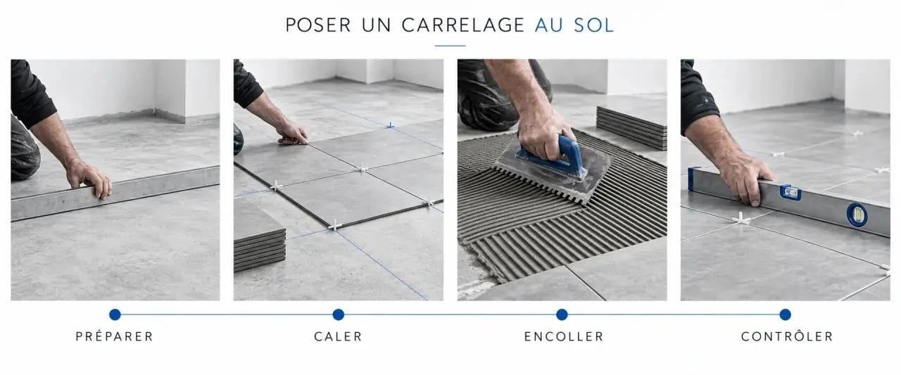 Étapes illustrées de la pose de carrelage au sol, du contrôle du support au jointoiement