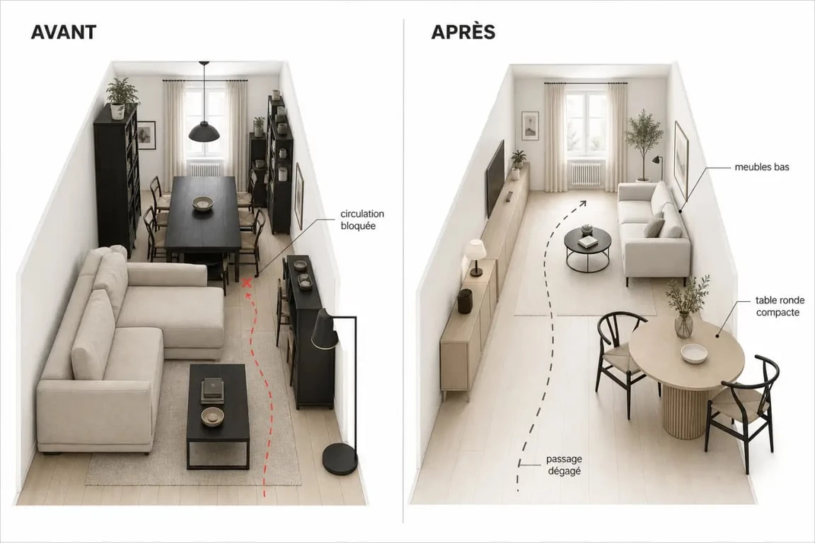 Déco salon salle à manger avant/après dans une petite pièce en longueur