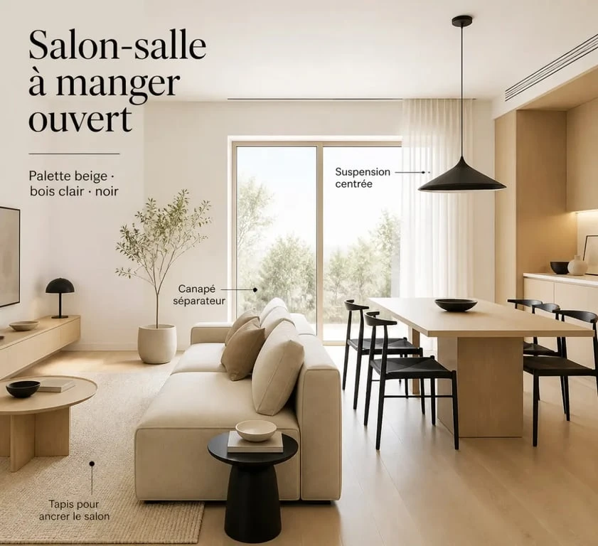 Déco salon salle à manger ouverte avec séparation douce entre canapé et table