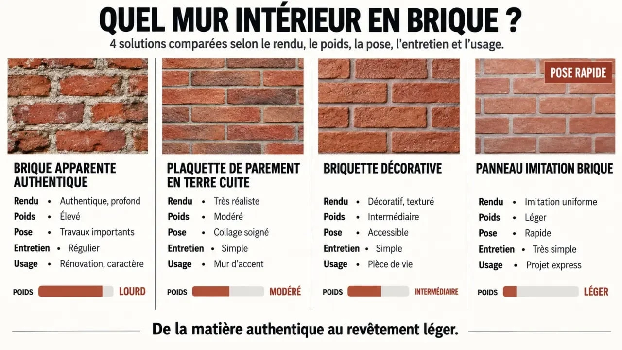 Comparatif des solutions pour un mur intérieur en brique : brique authentique, plaquette, briquette et panneau imitation