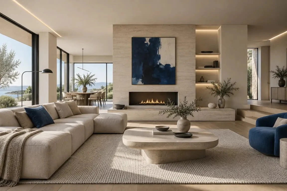 Salon au style contemporain avec bois, pierre, métal et éclairage superposé