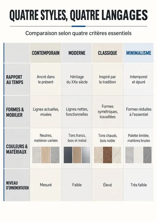Infographie comparative des caractéristiques du style contemporain, moderne, classique et minimaliste