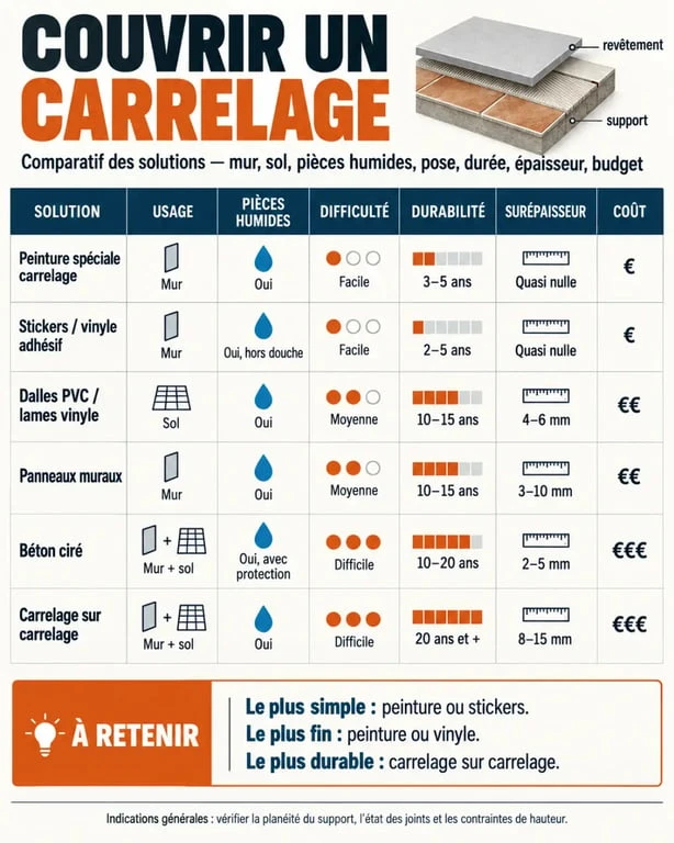 Infographie comparative pour couvrir du carrelage au mur ou au sol