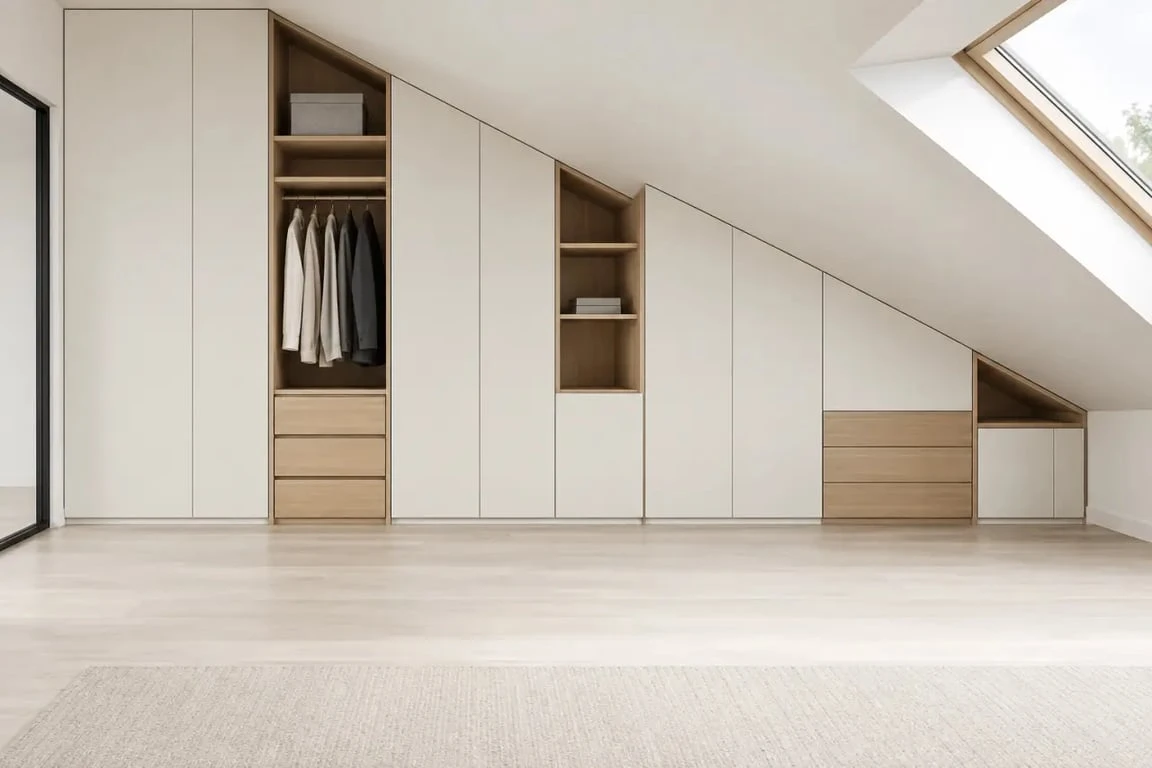 Mur de rangement sur mesure sous pente avec penderie et tiroirs dans une chambre