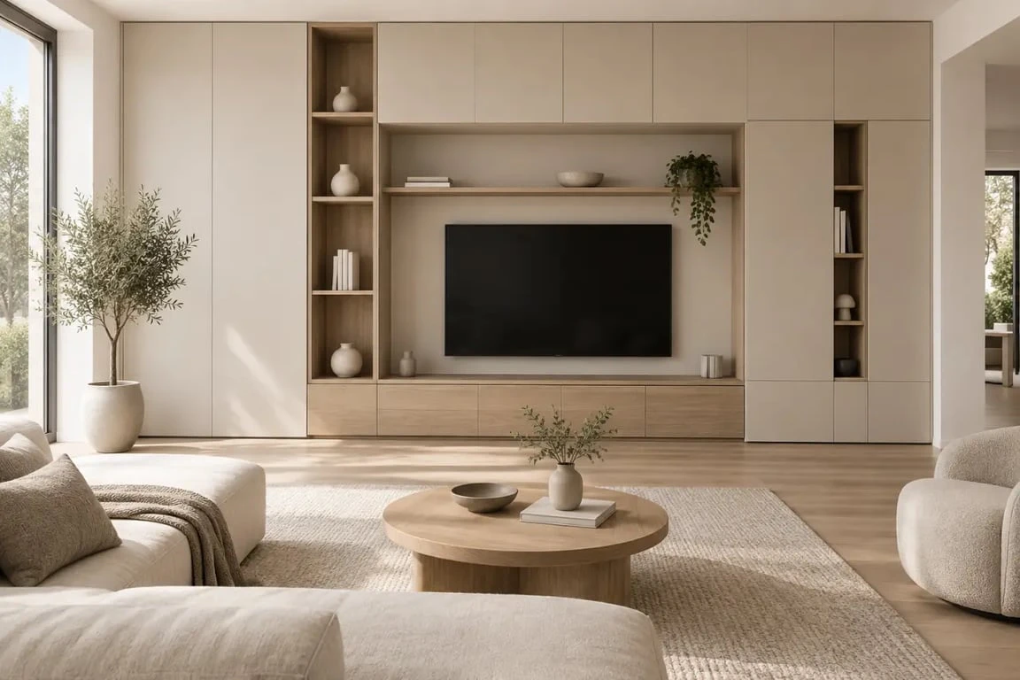 Mur de rangement sur mesure avec niches ouvertes et façades fermées dans un salon