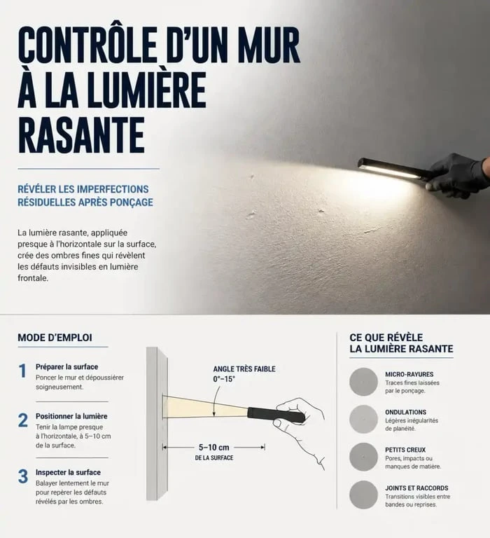 Contrôle à la lumière rasante d'un mur poncé avant peinture
