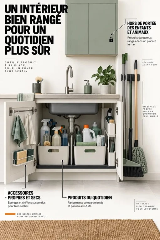 Organisation pour ranger produits ménagers sous l’évier avec zones sécurisées et accessoires bien séparés