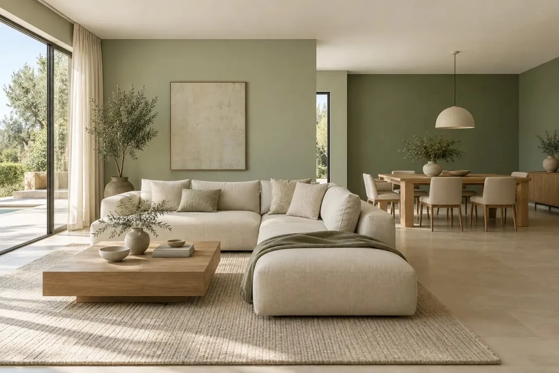 Exemple de couleur pour salle à manger et salon avec nuances de vert sauge