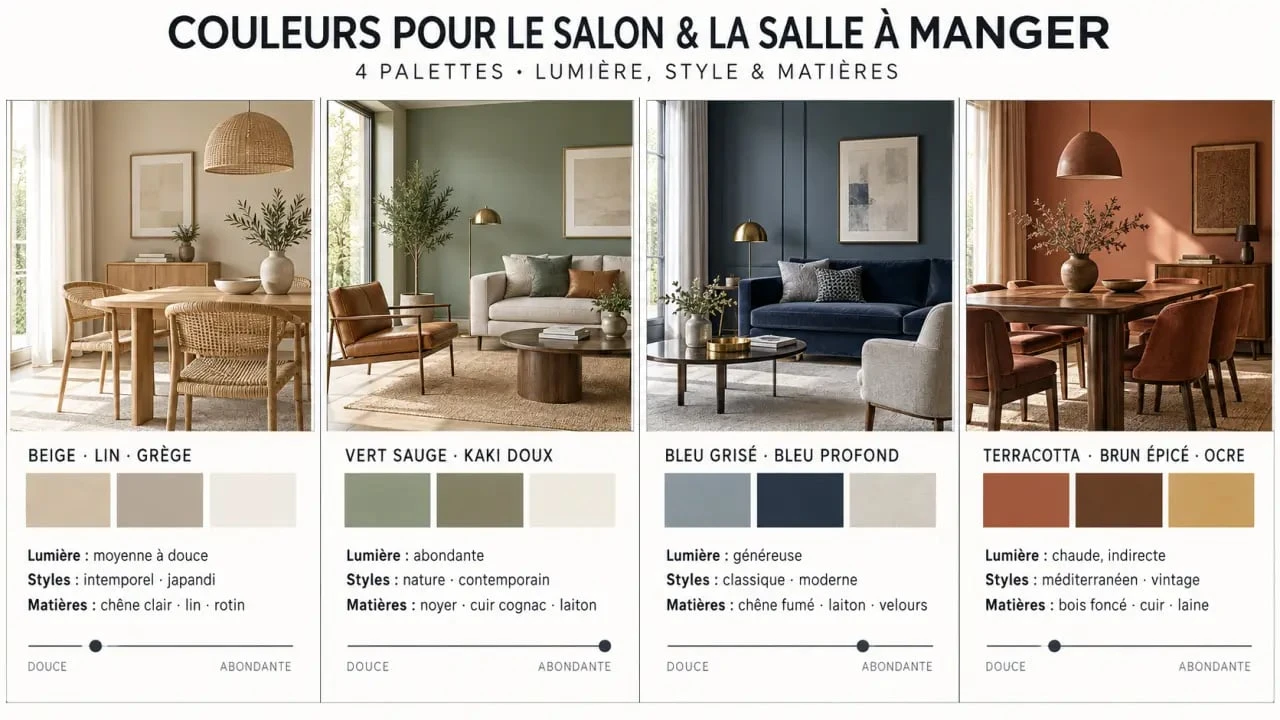 Infographie de palettes de couleur pour salle à manger et salon avec ambiances et associations