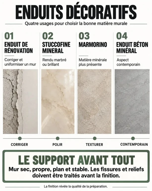Infographie sur l'enduit décoratif Stuccofine Mineral, le stucco minéral, le marmorino et l'enduit béton minéral
