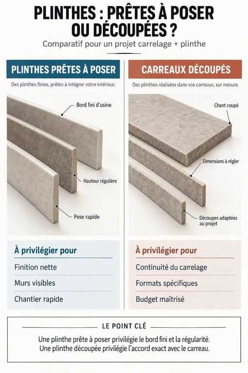 Infographie comparative sur le carrelage et plinthe : plinthes prêtes à poser ou carreaux découpés