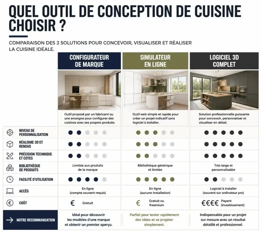 Comparatif des logiciels de conception cuisine 3D : configurateur, simulateur et logiciel complet pour réussir son projet.