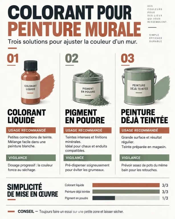 Colorant pour peinture murale : comparaison entre colorant liquide, pigment en poudre et peinture déjà teintée
