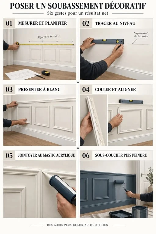 Étapes illustrées de pose d’un soubassement décoratif avec moulures