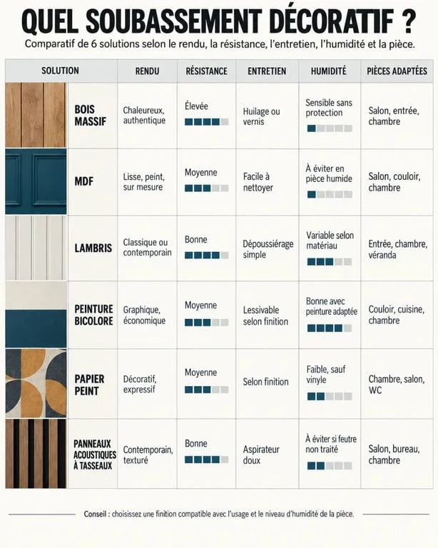 Infographie comparative des matériaux pour un soubassement décoratif