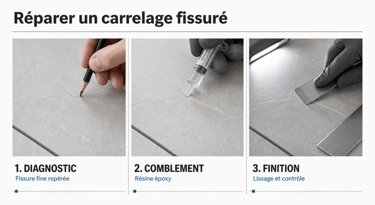 Réparation carrelage d’une fissure fine à la résine époxy sur un carreau