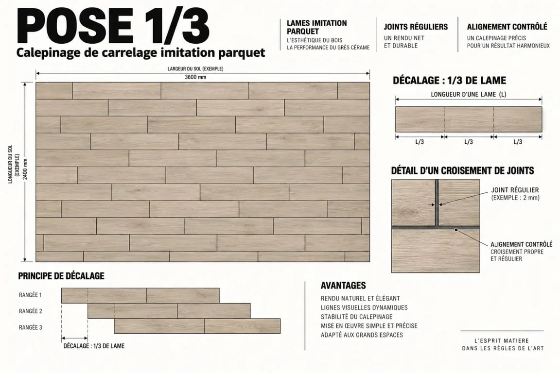 Schéma technique de pose carrelage imitation parquet avec décalage d'un tiers pour un rendu réaliste