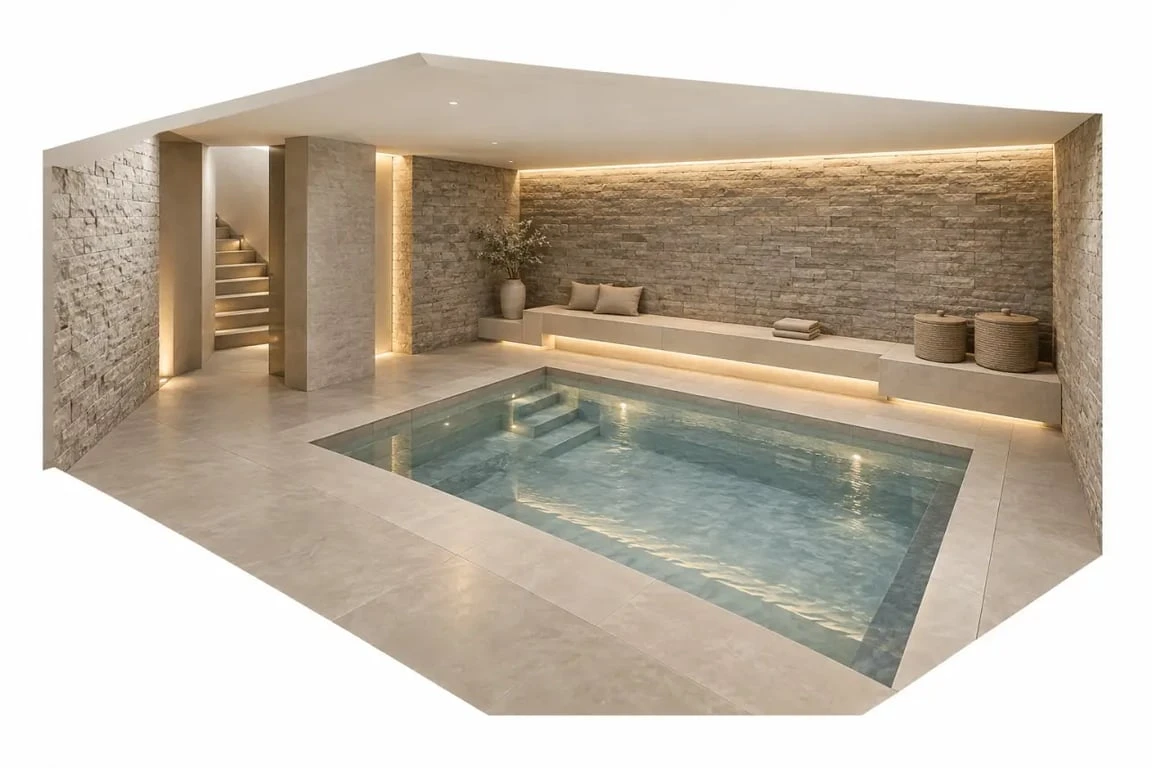Idée aménagement spa intérieur dans un espace minéral et feutré
