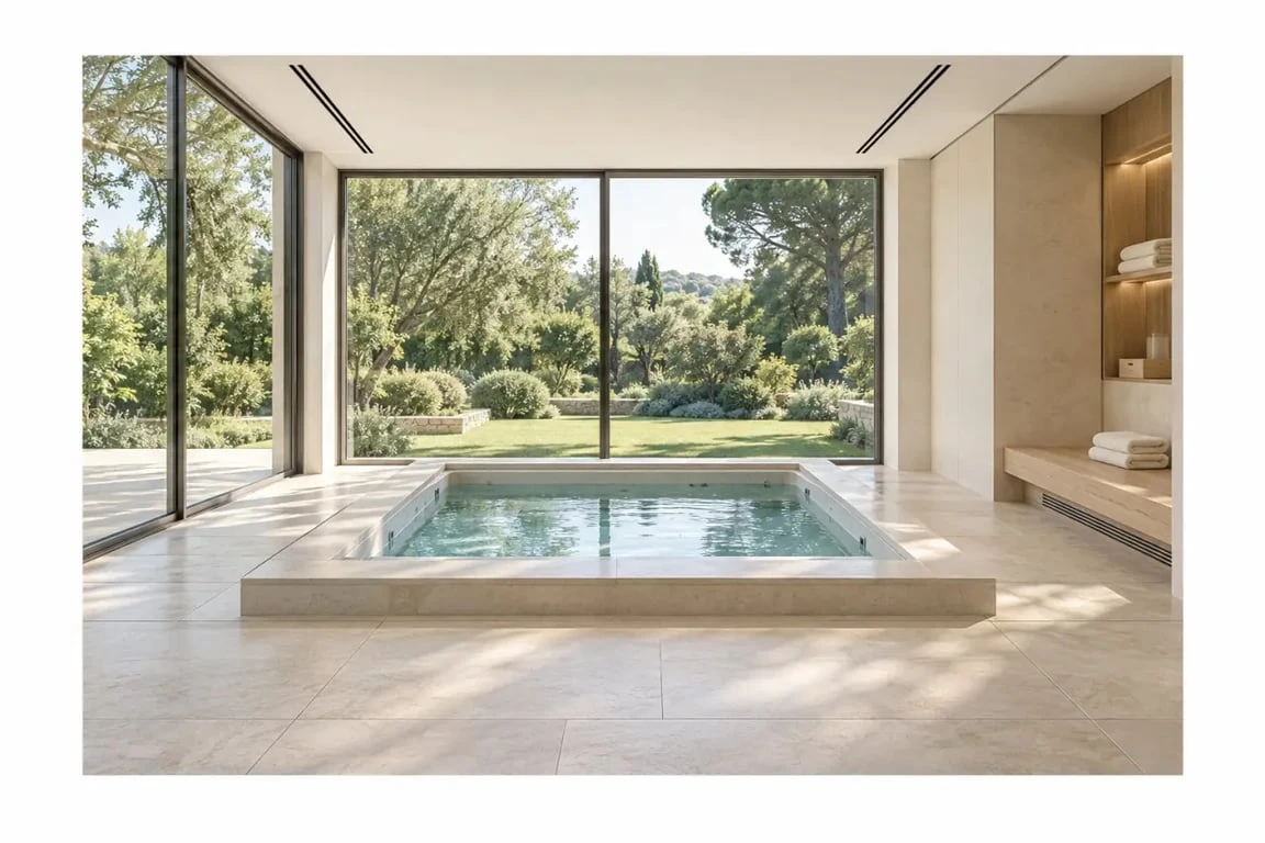 Idée aménagement spa intérieur dans une véranda lumineuse ouverte sur le jardin