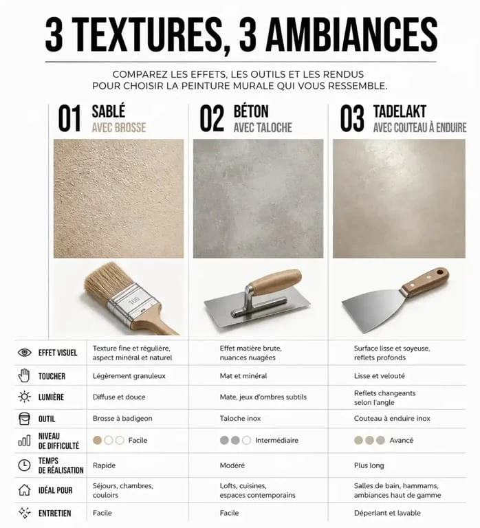 Comparatif des effets de peinture relief murale : sablé, béton et tadelakt