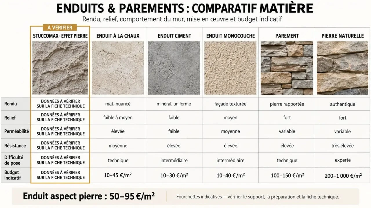 Infographie comparative sur l’enduit décoratif relief Stuccomax effet pierre et les alternatives en pierre