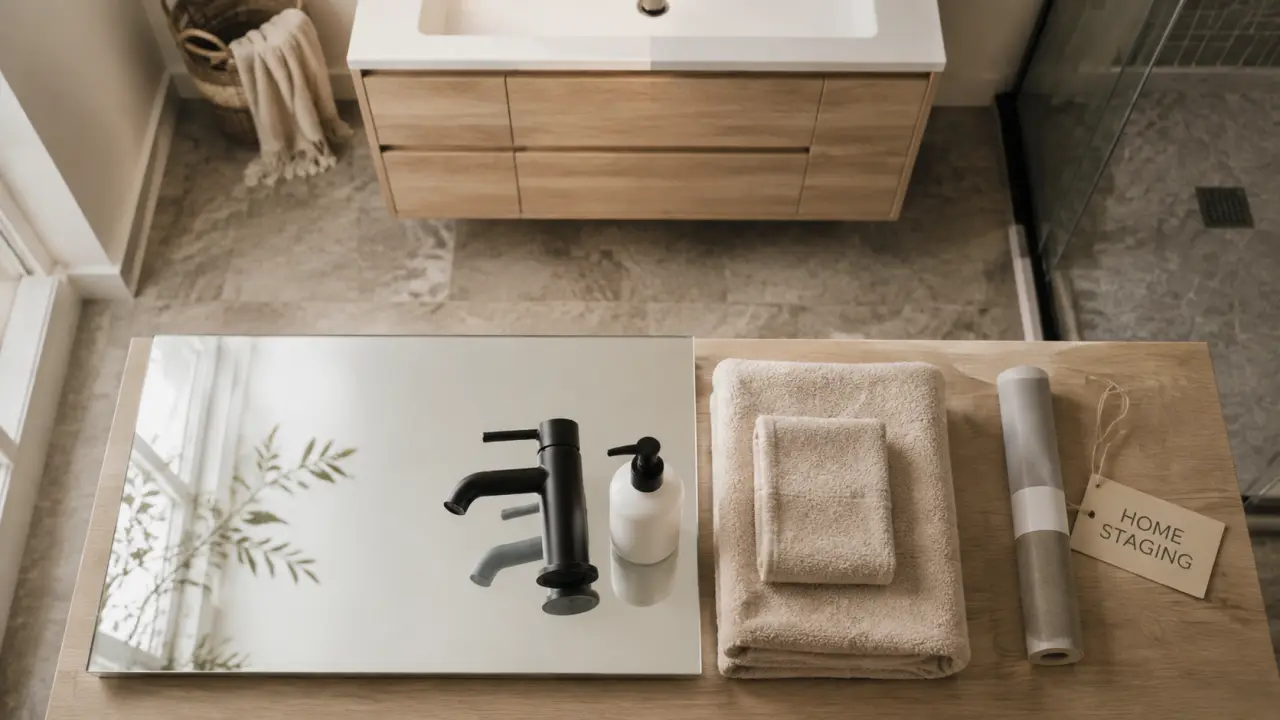 Home staging salle de bain : meuble vasque, sol et lumière avant/après