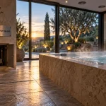 Idée aménagement spa intérieur : sol antidérapant, ventilation discrète, coin spa lumineux