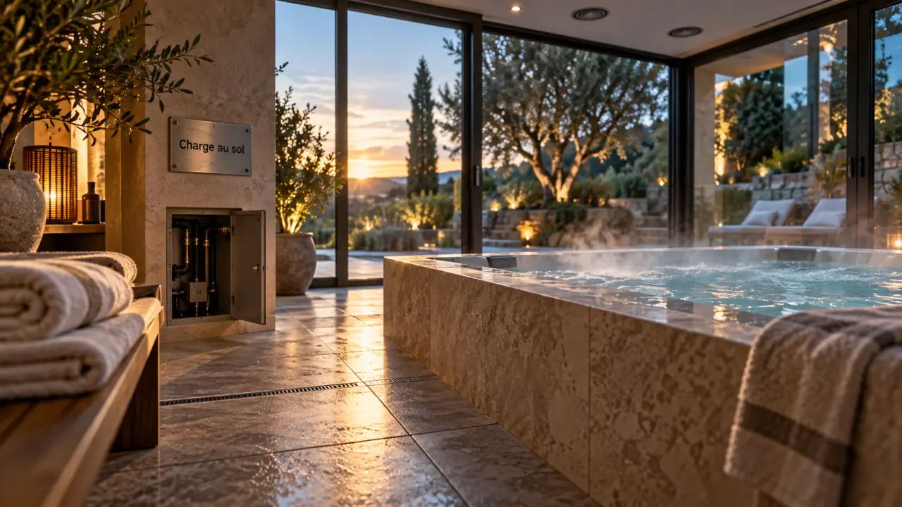Idée aménagement spa intérieur : sol antidérapant, ventilation discrète, coin spa lumineux