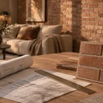 Mur interieur en brique avec parement en terre cuite, relief et joints visibles