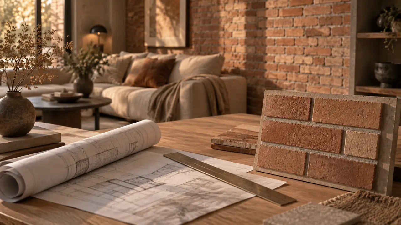 Mur interieur en brique avec parement en terre cuite, relief et joints visibles
