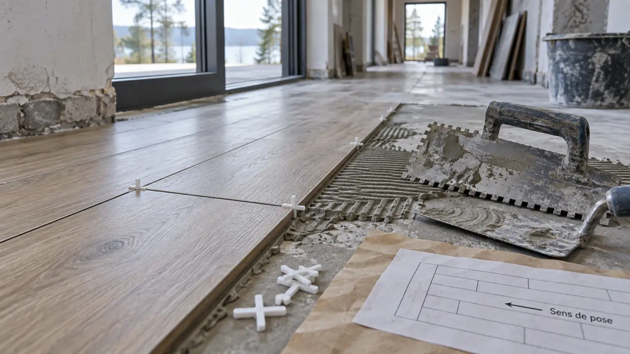 Pose carrelage imitation parquet : calepinage évite lames en escalier