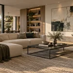 Style contemporain, salon minimaliste lumineux avec canapé aux lignes épurées