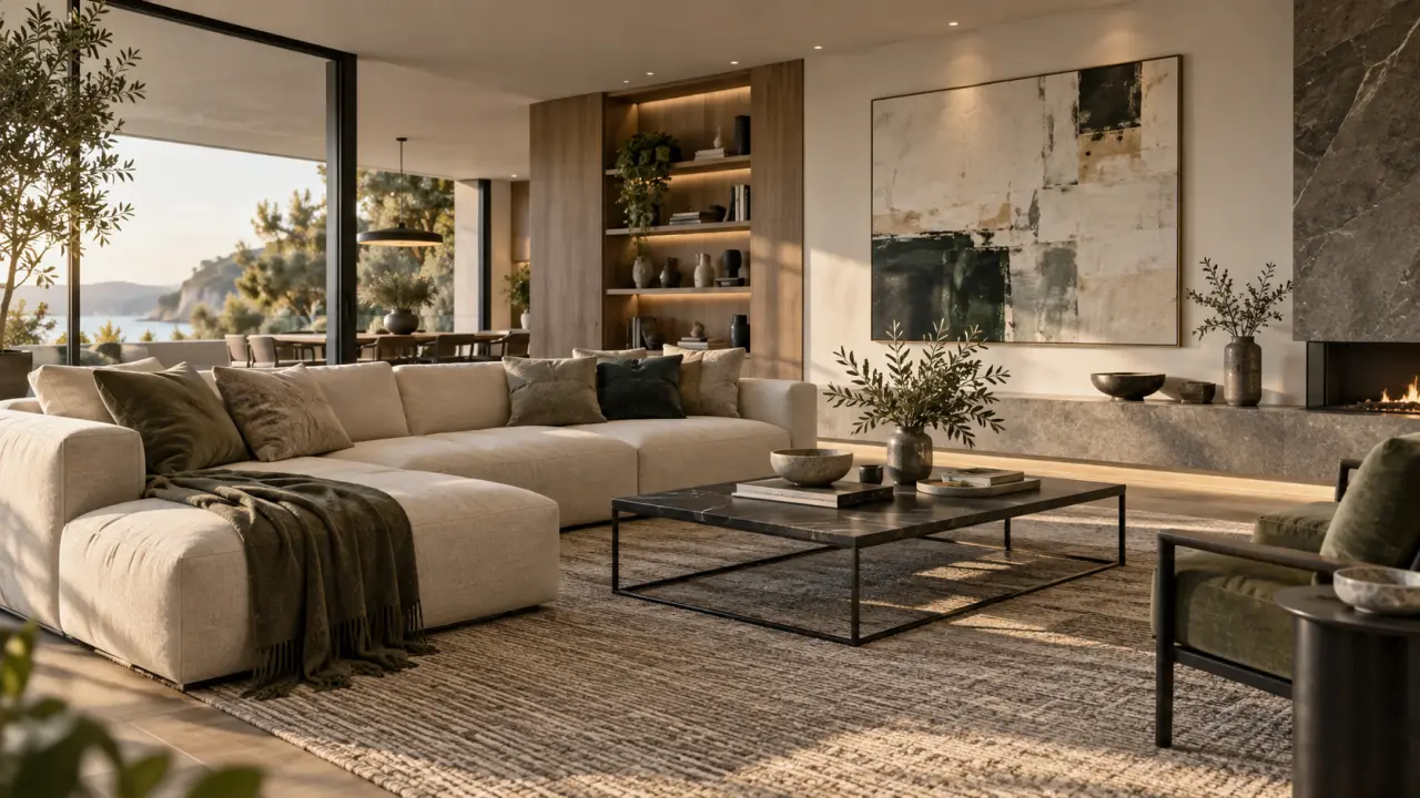 Style contemporain, salon minimaliste lumineux avec canapé aux lignes épurées