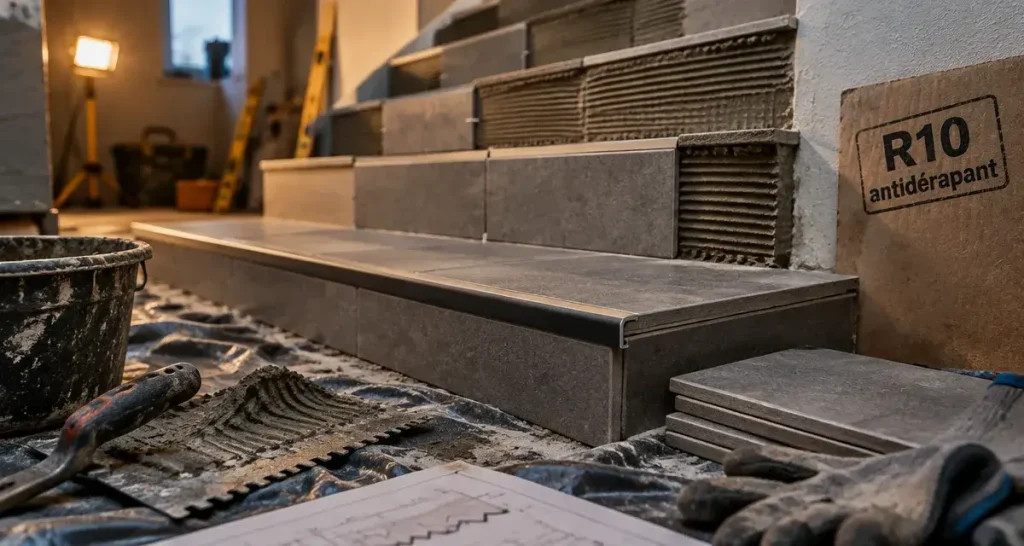 Carrelage pour escalier intérieur : R10, nez de marche et pose sans glissade