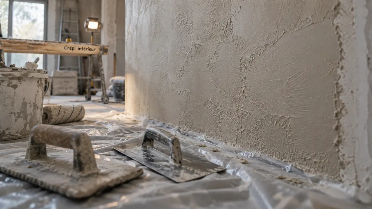 Crépis mural intérieur en cours, enduit et talochage sur chantier intérieur