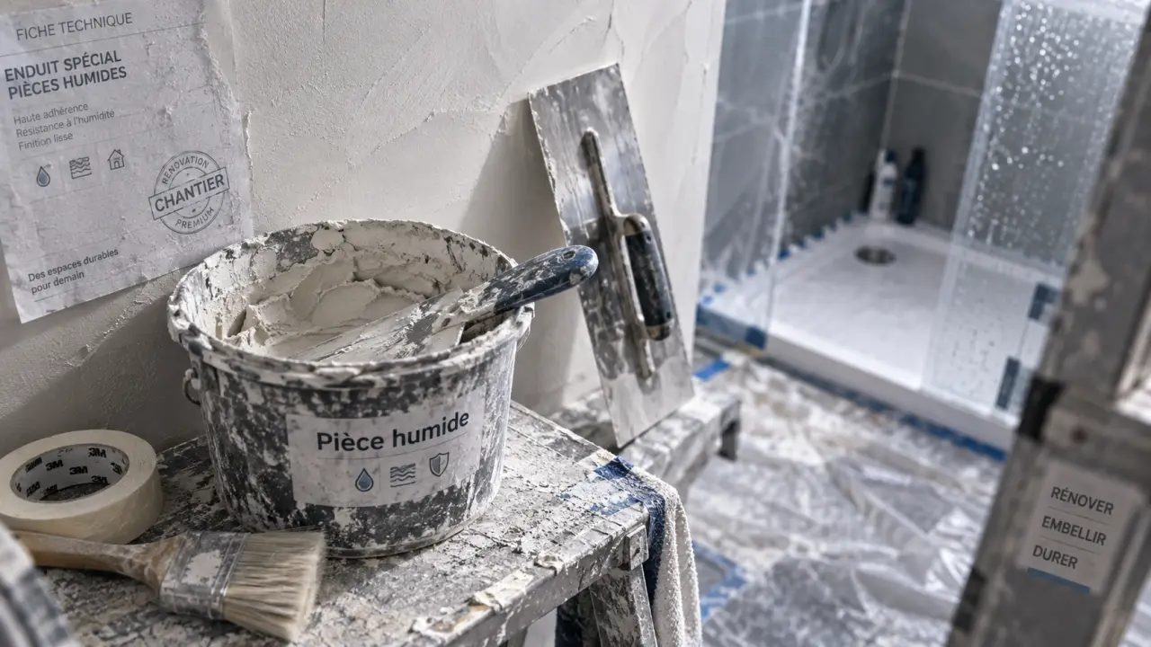 Enduit piece humide en cours : mur lisse salle de bain frais