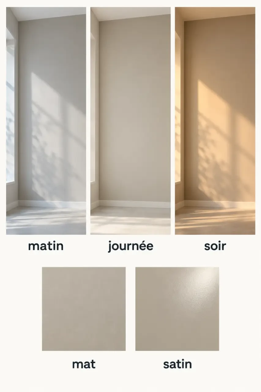 Peinture couleur mur observée sous différentes lumières avec finitions mate et satinée