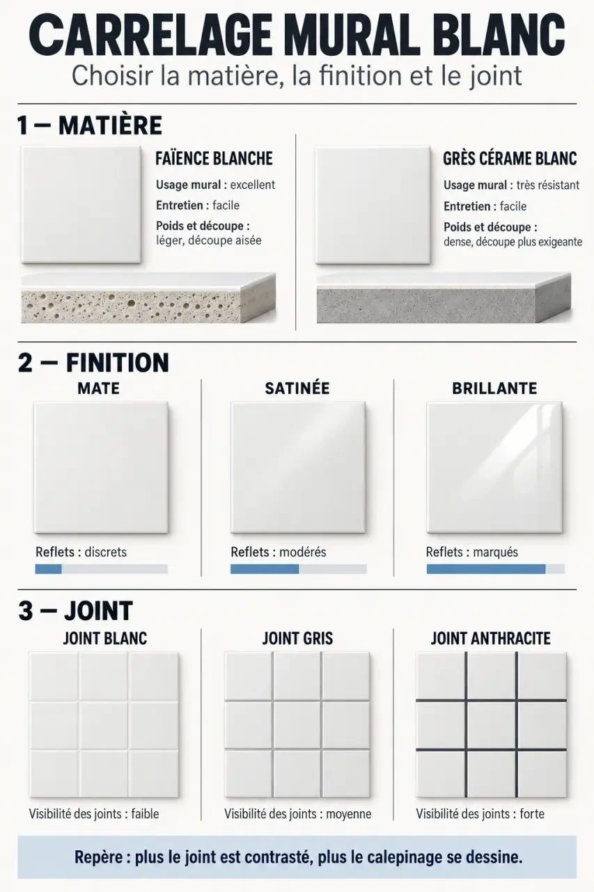 Infographie sur le choix d’un carrelage mural blanc selon la matière, la finition et le joint