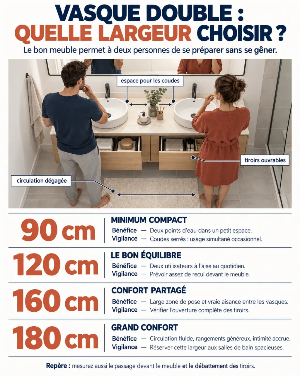 Infographie pour choisir une salle de bain vasque double selon la largeur du meuble