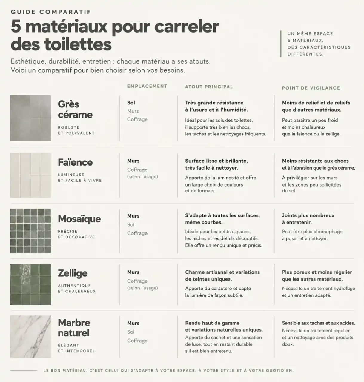 Comparatif des matériaux pour du carrelage dans les toilettes : grès cérame, faïence, mosaïque, zellige et marbre, avec emplacement, atout et vigilance